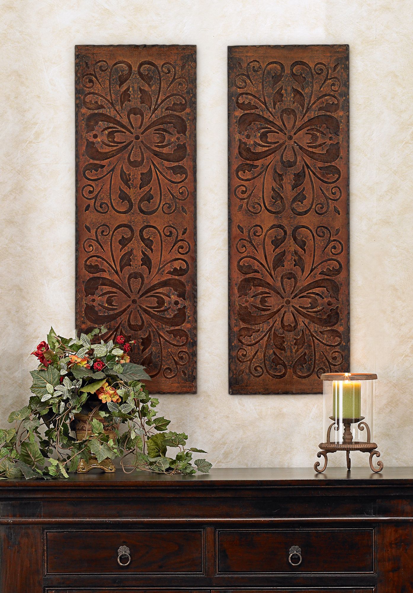 Distressed wall panels add an aged richness to this traditional hallway design.